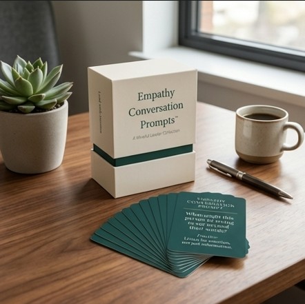 Box labeled 'Empathy Conversation Prompts' on a wooden desk beside a fan of teal cards, a pen, a mug of coffee, and a small succulent.